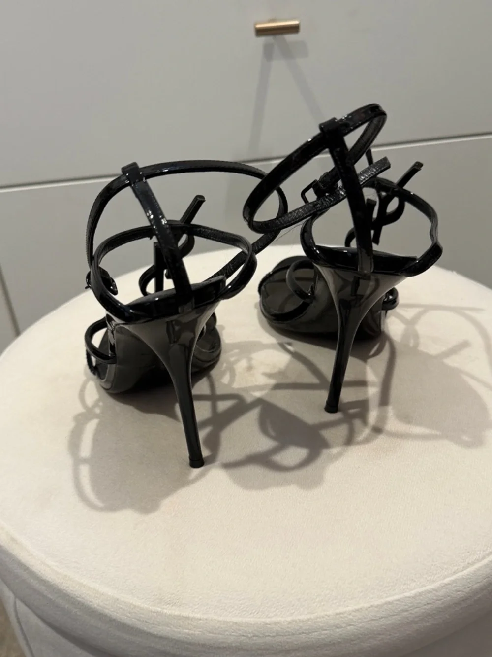 Saint Laurent Black Patent Leather YSL Logo Strappy Heels - Picture 3 of 7